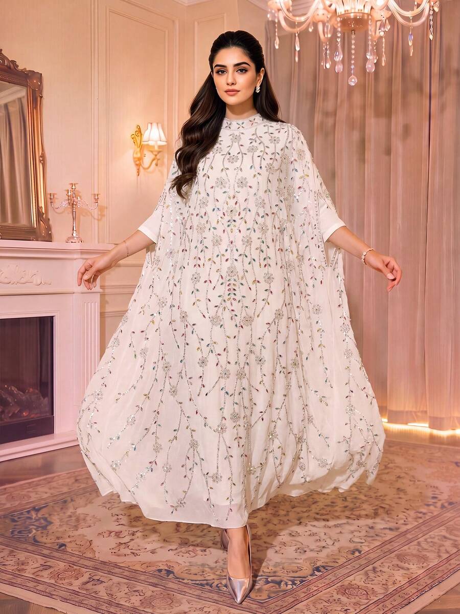 Luxury White Embellished Arabic Style Dress, Stand Collar Design, Elegant Cape Sleeves, Exquisite Sequin Details, Creating A Stunning Look - White - View 1