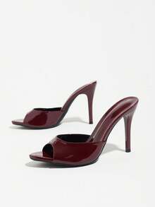 Women's Mirror Finish Mule High Heel Shoes, Pointed Toe Open Toe Stiletto Heel Sandals, Versatile For Spring/Summer, Wedding, Party, Commute, Casual Wear, Wine Red Fashion Sandals - Burgundy - View 5