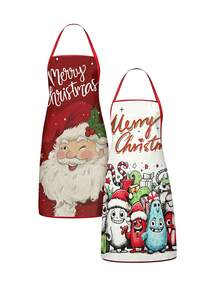 1pc/2pcs/4pcs Christmas Linen Feel Bib Apron, Santa Claus, Snowman, Xmas Tree & Cute Cartoon Monster Print, Merry Christmas Letter, Red Halter Neck Strap, Kitchen Cooking Baking Apron, Xmas Holiday Decor & Gift - Multicolor - View 3