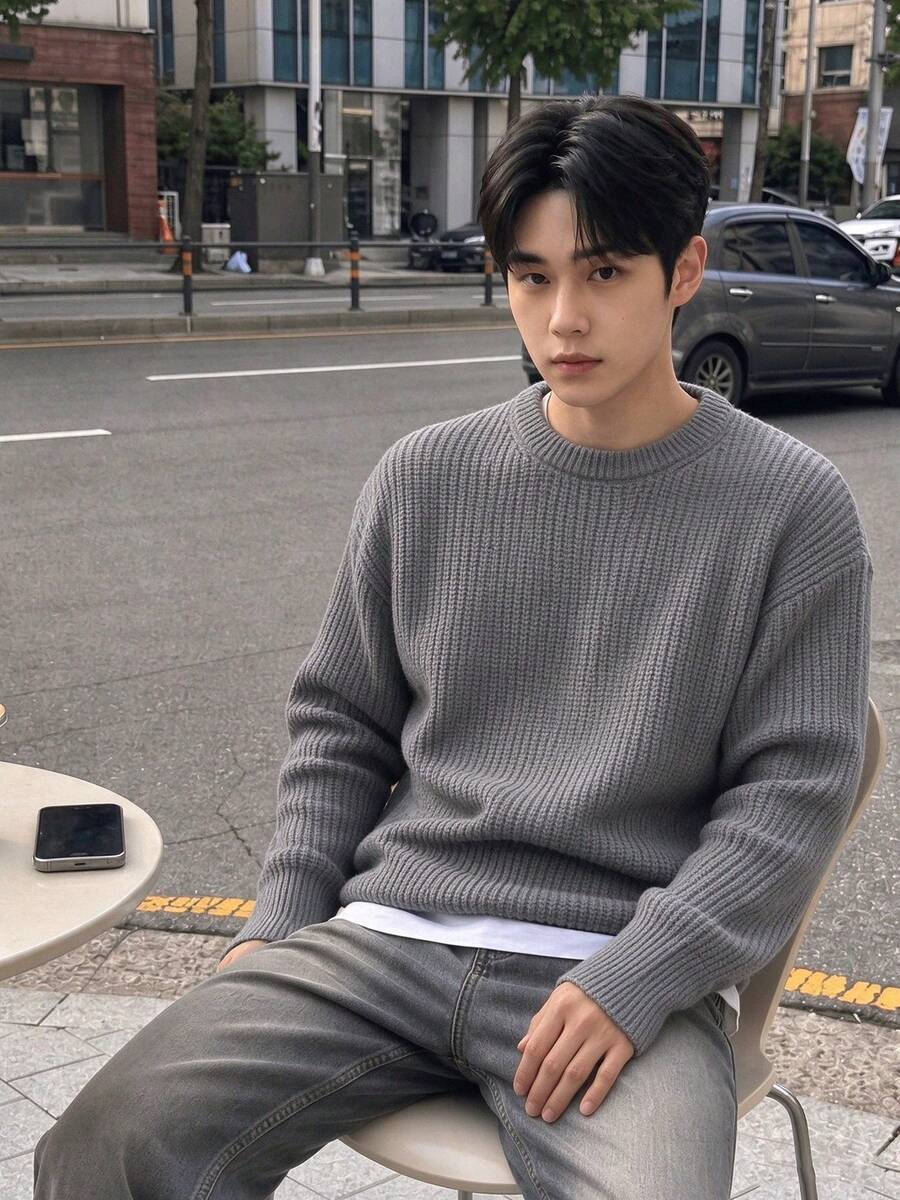 Men's Autumn/Winter Basic Solid Color Casual Fitted Lightweight Sheer Polyester Pique Texture Niche Design Long Sleeve Drop Shoulder Crew Neck Pullover Sweater - Grey - View 1