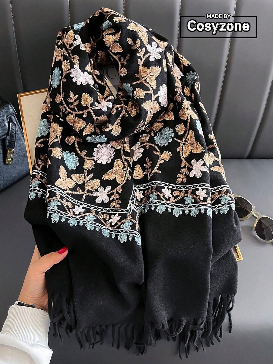 1PC Faux Cashmere Elegant Floral Embroidered Soft Scarf Women's Autumn/Winter Outerwear Thick Warm Tassel Embroidery Bohemian Style Travel Shawl Cape Suitable As Gift For Women, Mom - Multicolor - View 1