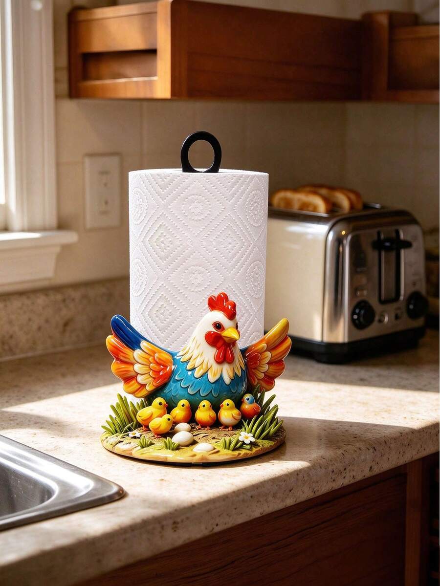 Farmhouse Rooster & Chick Paper Towel Holder, Colorful Metal Freestanding Desktop Paper Towel Dispenser, Sturdy Iron Base, Country Style Kitchen Countertop Decor, Home Storage & Organization Gift, Suitable For Farm Enthusiasts, Applicable For Restaurant Dining Table - Multicolor - View 1