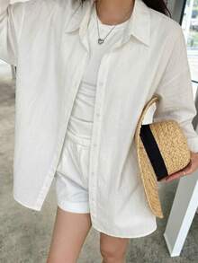 Casual Fashion Lazy Loose Long Sleeve White Shirt, Suitable For Daily Outings, Vacation, Travel Cover-Up, Elegant Women's Shirt, Young Women's Shirt - White - View 4