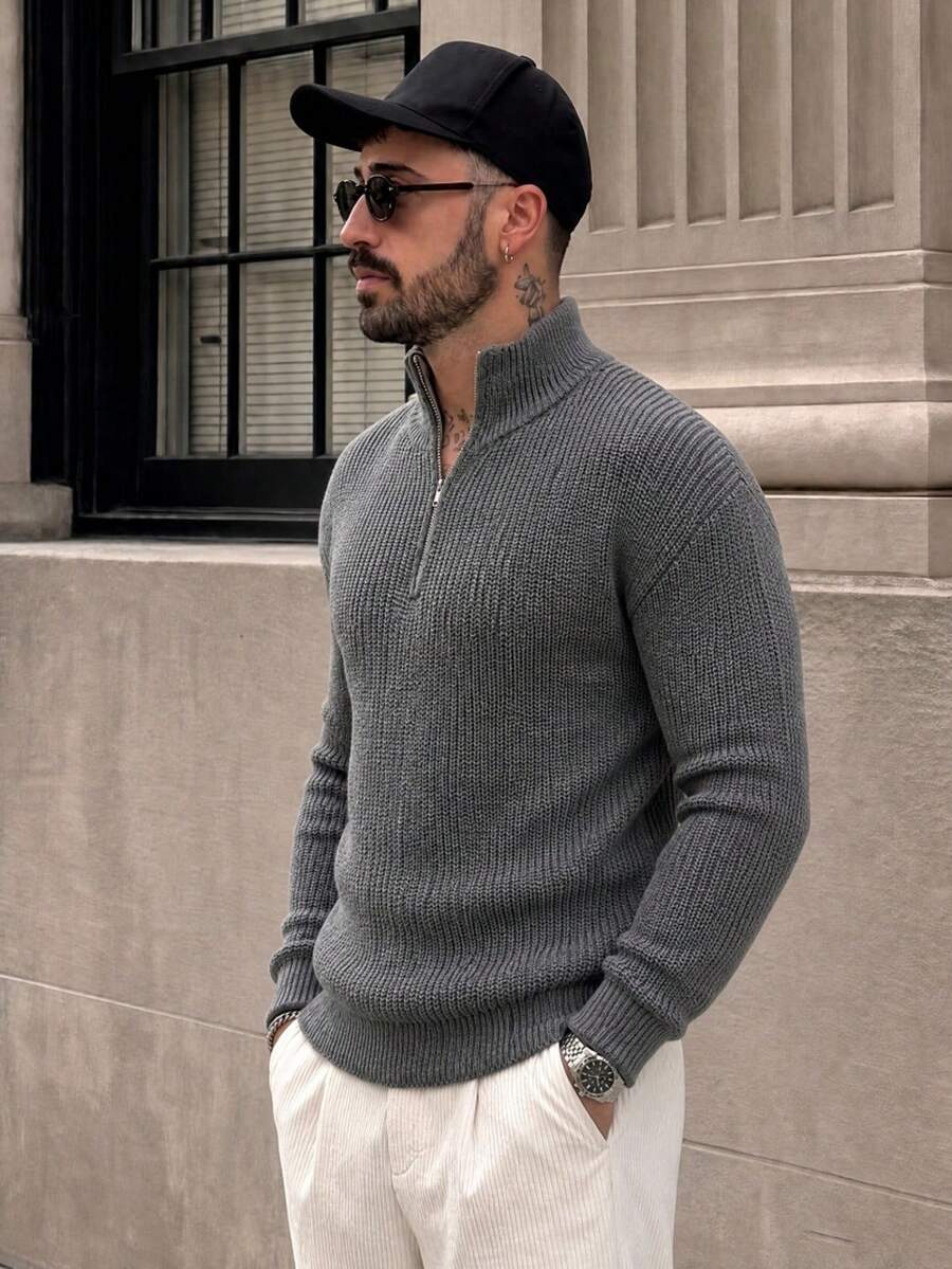 Lookun Men's Half-Zip High Neck Pullover Sweater, Autumn/Winter Dropped Shoulder Long Sleeve Casual Relaxed Street Style Outfit For Store Visits And Short Trips - Dark Grey - View 1