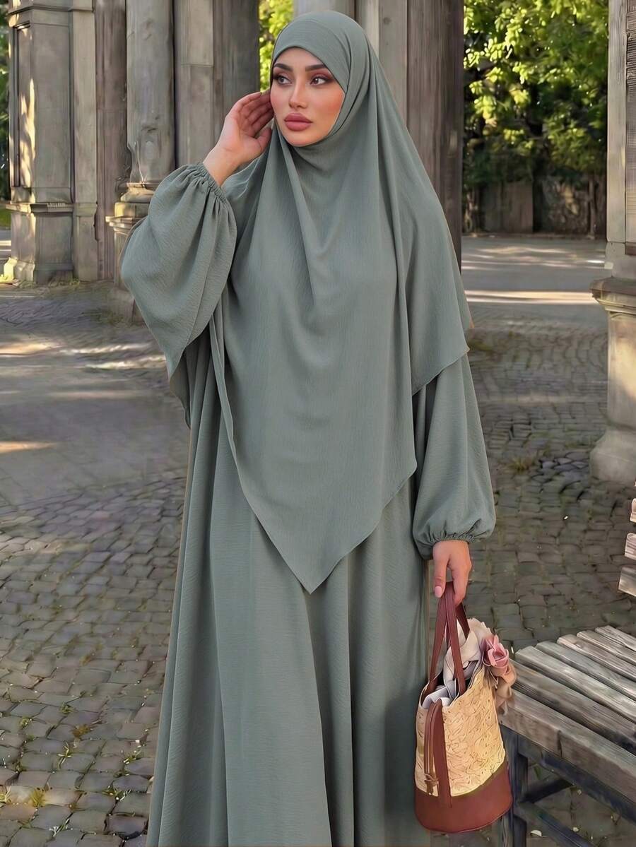 穆斯林 Abaya 套裝,純黑色紋理長袖長款內裙配不對稱下擺開襟外袍,女款優雅杜拜伊斯蘭長袍 - 深灰色 - 查看 1