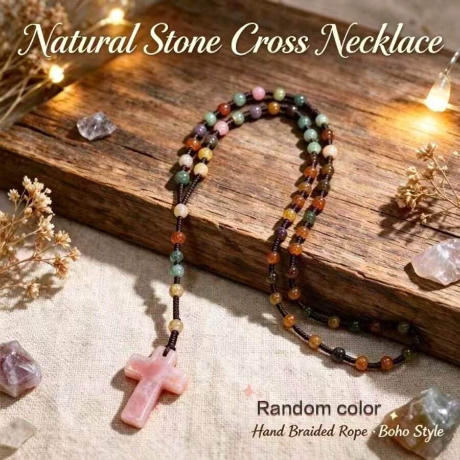 1pc Natural Stone Cross Beaded Long Necklace, Bohemian Style Handmade Woven Rope Unisex Necklace, Agate Material, Suitable As Holiday Gift For Family And Friends - Colorful - View 1