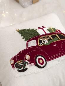 1pc Christmas Tree Embroidered Pillow Case, Christmas Red Flag Car & Reindeer Pillow Cover, Suitable For Indoor Decoration, Christmas Decor, All-Season Pillow Case, Without Insert - Multicolor - View 8
