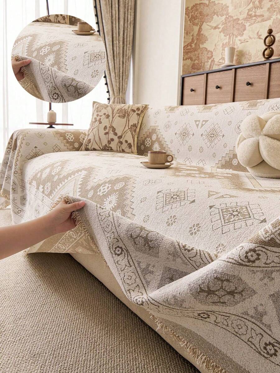 1pc Modern Minimalist Geometric Pattern All-Season Sofa Cover, Anti-Cat Scratch Sofa Slipcover, Durable Furniture Protector, Machine Washable, Suitable For Bedroom, Office, Living Room, Home Decor - Khaki - View 1