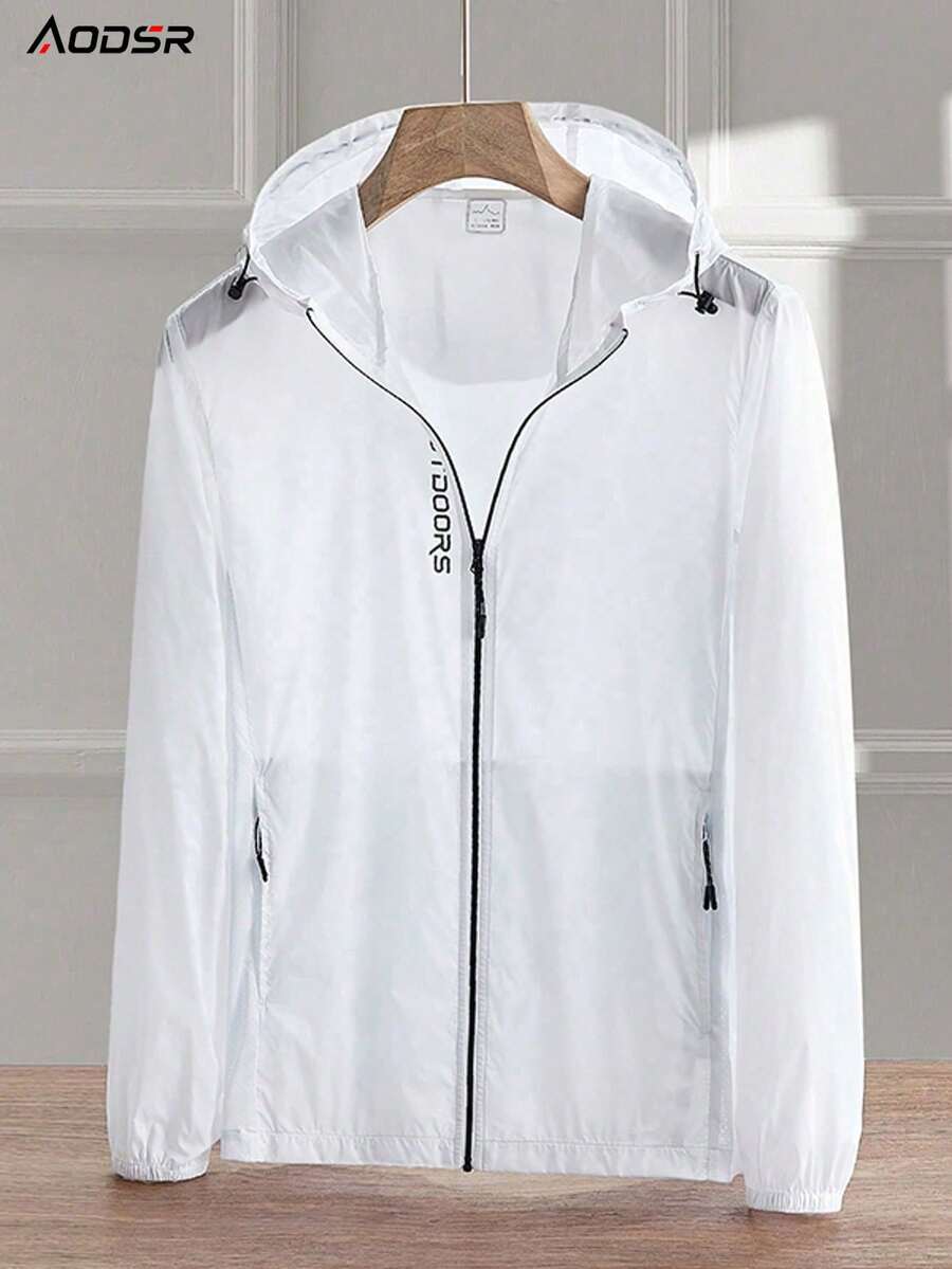 AODSR Women's UV Protection Light Coat, Summer Travel Jacket, Sheer Zip Up Hoodie, Casual Sun Coat, Beach Cover Up Shirt, Thin White Jacket, Women's Letter Print Long Sleeve Zip-Up Hooded Sun Protection Clothing - White - View 1