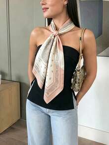 1pc Gentle Nude Pink Colorblock Small Square Scarf, Luxury Satin Silk Headscarf, Versatile Headwrap For Vacation, Photography, Scarf Accessory - Pink Paisley - View 3