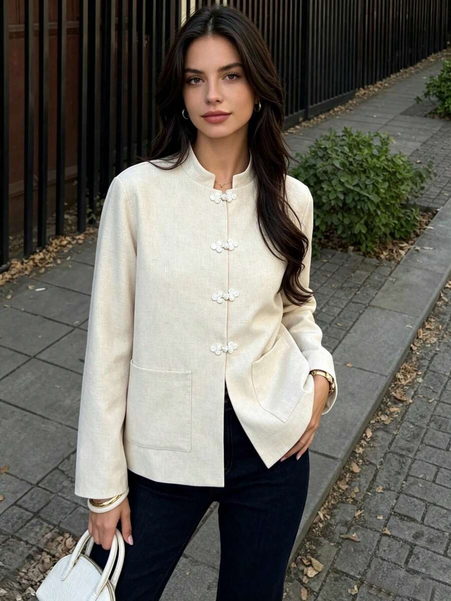 DEEKA Autumn New Women's European And American Style Fashion Minimalist Chinese Frog Button Stand Collar Jacket - Beige - View 1