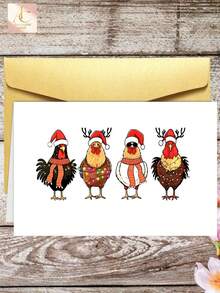 Cute Chicken Christmas Greeting Card, Four Roosters With Santa Hats & Fairy Lights, Farm Animal Holiday Card, Fun Rustic Xmas Stationery, Whimsical Christmas Gift Card For Farm Lover - One Size Fits All - View 2
