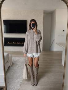 FOR BEAUTY Women's Autumn/Winter Cardigan Y2K Fashion Khaki Round Neck Front Button Knit Jacket Basic Business Casual Commute Outerwear Set - Khaki - View 6