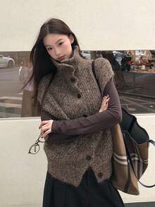 Áo gile cardigan len dệt kim cổ cao phong cách vintage, thiết kế nhiều lớp phối cúc - Màu nâu - Xem 1