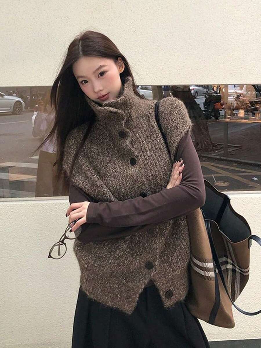 Áo gile cardigan len dệt kim cổ cao phong cách vintage, thiết kế nhiều lớp phối cúc - Màu nâu - Xem 1