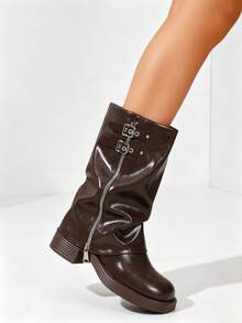 Women's Vintage Double Buckle Slouch Mid-Calf Boots, Chocolate Brown Knight Boots, Western Pleated Shaft Boots - Coffee Brown - View 8
