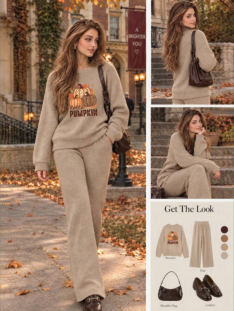 Women Fall Pumpkin Print Faux-Knit Two Pieces Set, Winter Long Sleeve Top Wide Leg Pants Daily Outfit - Camel - View 1