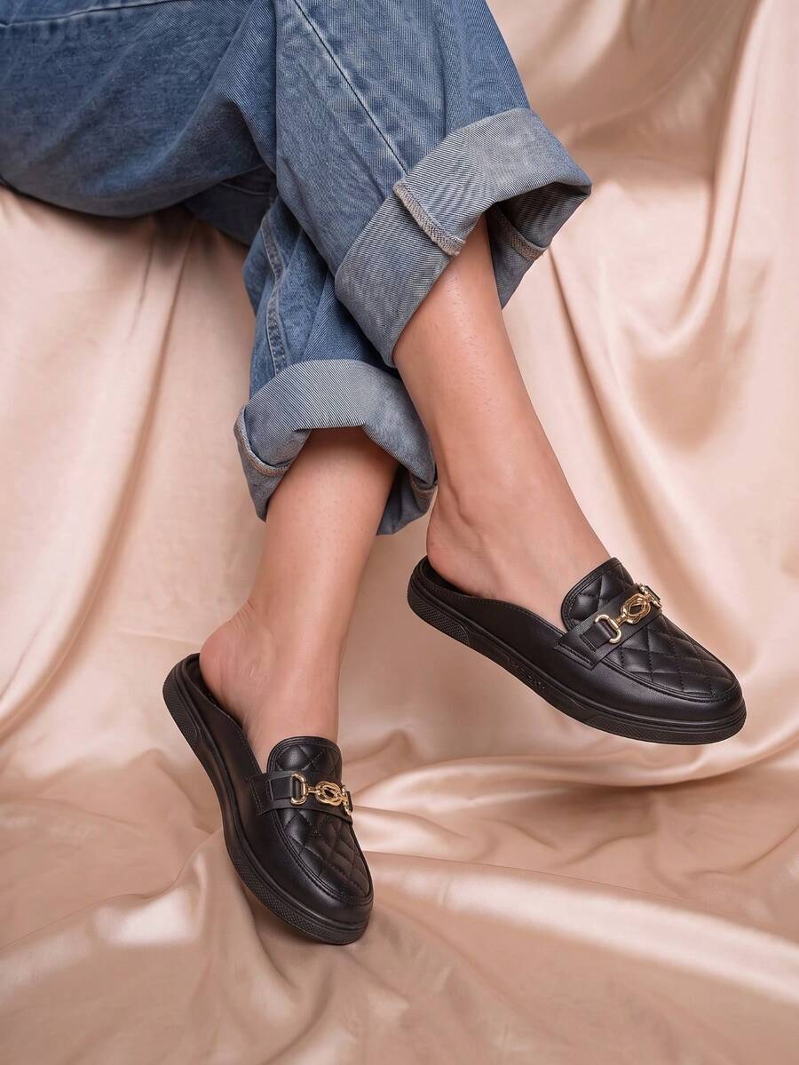 2025 New Metal Buckle Fashionable Solid Color Dress Shoes & Mules - Black - View 1