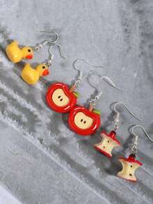 6pcs Cute Creative Realistic Yellow Duck & Apple Earrings, Personalized Fun 3D Cheering Duck Earrings For Women - Multicolor - View 7