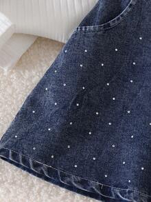 2pcs/Set Girls' Casual Minimalist Blue Bow Long Sleeve Top & Denim Skirt Set, Autumn/Winter - White - View 7