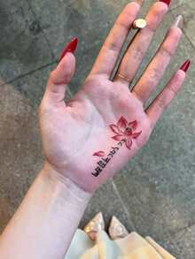 1 Sheet Red Lotus Script Temporary Tattoo Stickers, Aesthetic Floral Vintage Text Fake Tattoos For Palm Hand Wrist, Waterproof Body Art Decals For Women Spiritual Daily Decor - Multicolor - View 4