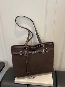 Large Capacity Solid Color Suede Tote Commuter Bag Women's Bag Autumn/Winter Matte Women's Bag With Knot Pendant - Coffee Brown - View 10