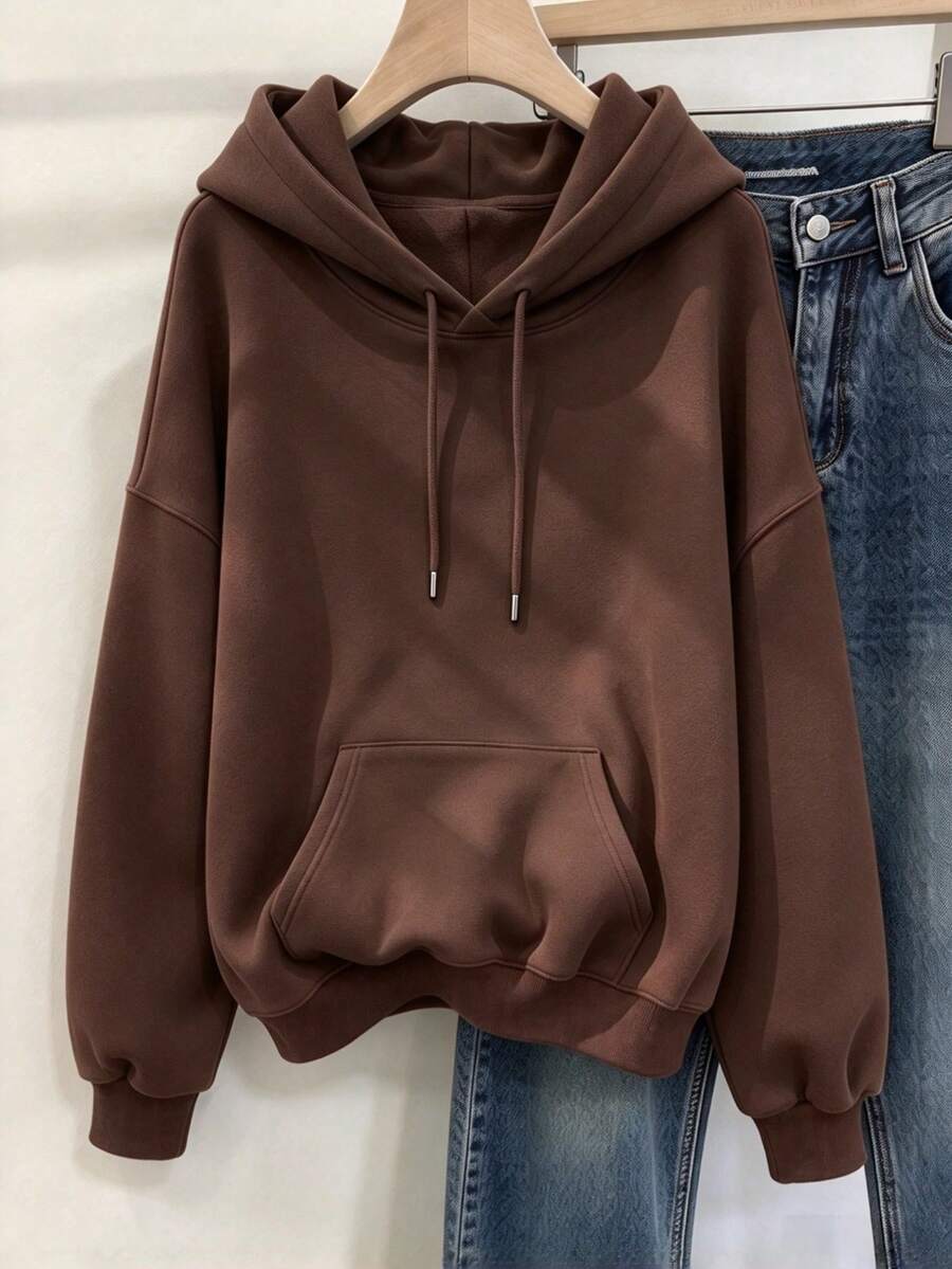 女款純色寬鬆版長袖抽繩套頭運動衫,附前口袋,休閒街頭風上衣 - 棕色 - 查看 1