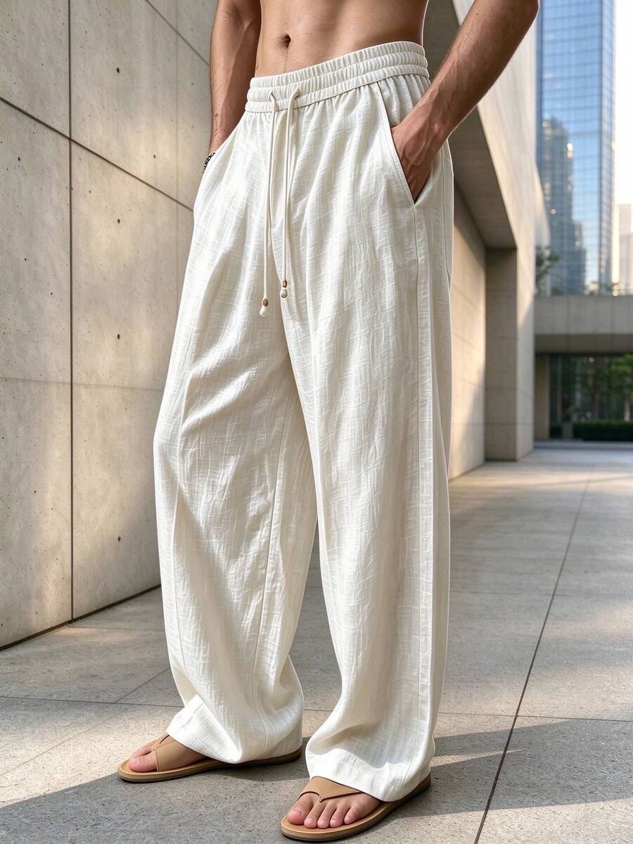 Men's Summer Casual Drawstring Waist Pocket Wide Leg Long Pants - Apricot - View 1