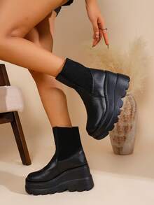 Women's Fashion Thick Sole Slip-On Boots - Black - View 12