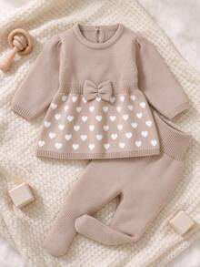 2pcs Infant Khaki Sweater Set: Round Neck Long Sleeve Heart Jacquard Sweater + Butterfly Decor Dress With Attached Tights, Sweet Newborn Outfit - Khaki - View 10