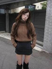 Sweater Rajut Leher Tinggi, Potongan Longgar, Bahu Jatuh, Lengan Panjang, Warna Kopi, Pakaian Musim Dingin yang Wajib Dicoba, Pullover Kasual Lembut - Coffee Brown - View 6