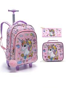 3PCS Kids Wheeled Travel Bag, Double-Sided Pink Cartoon Unicorn Sequins Design Bookbag For Students, With Handbag And Pen Bag, Nighttime Reflective. - Pink - View 3