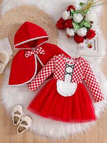 Baby Girl Autumn/Winter Cute Red Riding Hood Costume Red & White Plaid Print Long Sleeve Apron Mesh Dress + Lace Trim Hooded Cape, Suitable For Christmas - Red - View 2