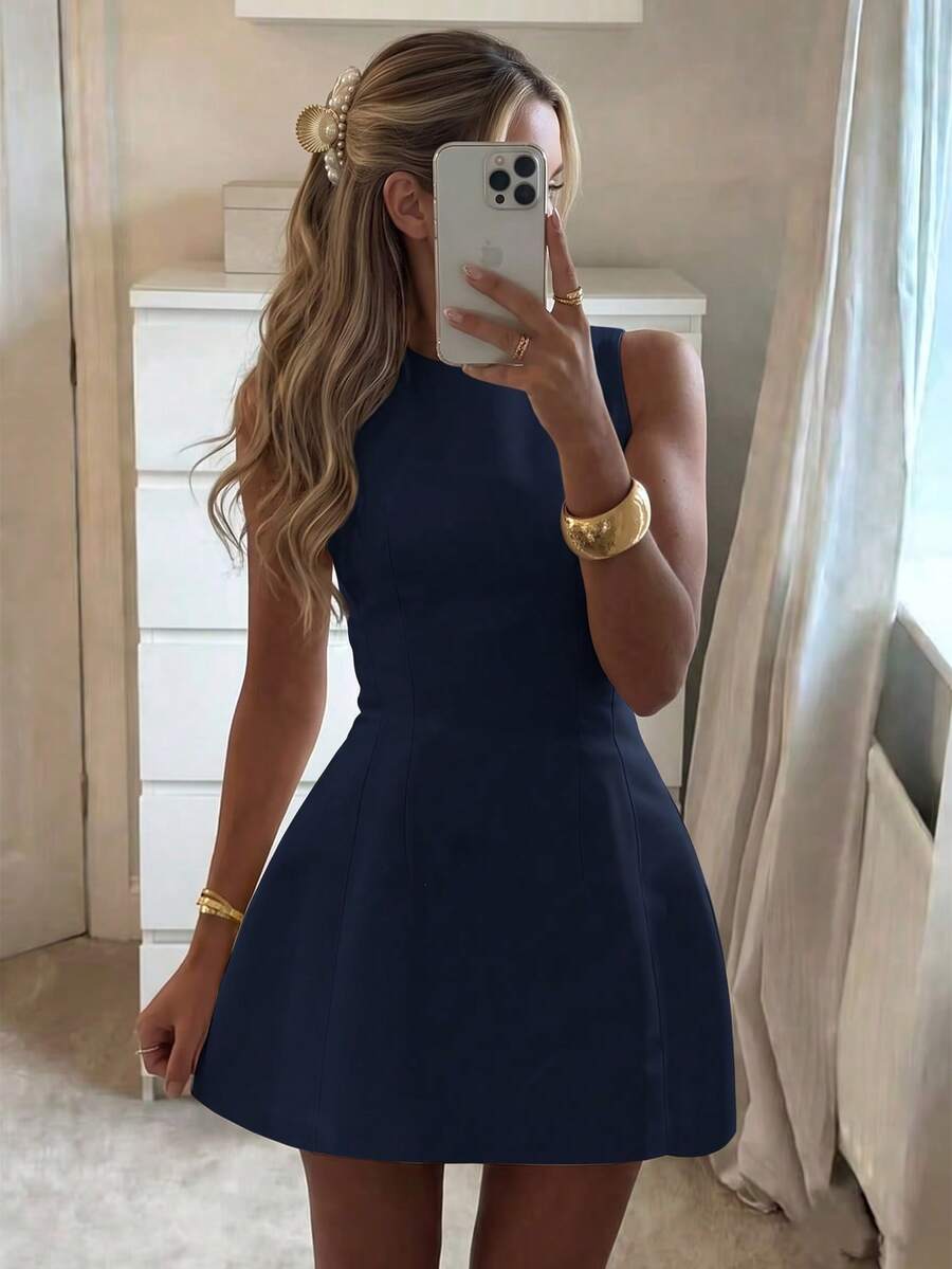 Gaun Mini A-Line Tanpa Lengan Warna Biru Tua Sederhana untuk Wanita, Cocok untuk Musim Panas/Gugur, Kencan, Pesta, dan Acara Elegan. - Navy Blue - View 1