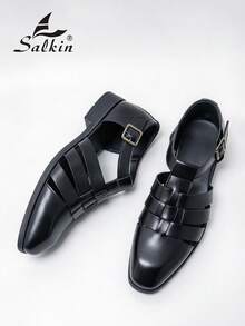 Salkin 新款复古罗马风格男士凉鞋，镂空系带一脚蹬，舒适透气纯色鞋面，加大码男鞋，品牌品质实惠防滑橡胶厚底，适合中年、青年、学生、聚会、度假、夏季休闲散步，尺码偏大，请选择小一码 - 黑色 - 查看 10