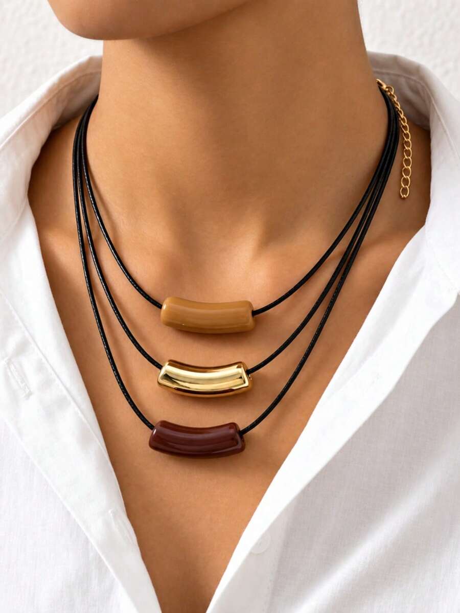 1 dây chuyền nữ vintage 3 lớp dây thừng đen phối hạt acrylic cong nhiều màu, phong cách layer, phù hợp đeo hàng ngày, làm quà tặng lễ tết, đi chơi và du lịch - vòng cổ - Xem 1