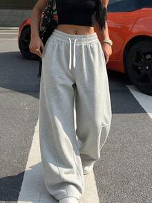 Light Gray Wide Leg Sweatpants With Split Line Design, Drawstring Elastic Waist Floor-Length Pants, Street Style Casual Long Pants, Loose Draped Sweatpants With Pockets, Versatile Spring/Autumn Women's Pants, Slimming Wide Leg Pants - Light Grey - View 1