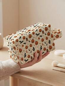 1pc Halloween Jack-O'-Lantern All-Over Print Corduroy Pouch With Handle ,Makeup & Toiletry Bag, Zipper. Durable,Multi-Use For Travel Daily School - Multicolor - View 3