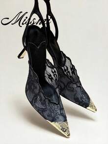 2026 Spring/Summer New Pointed Toe Lace Sandals, Sexy Thin Heels, Strap Buckle Roman Shoes, Versatile Work Shoes - Black - View 2