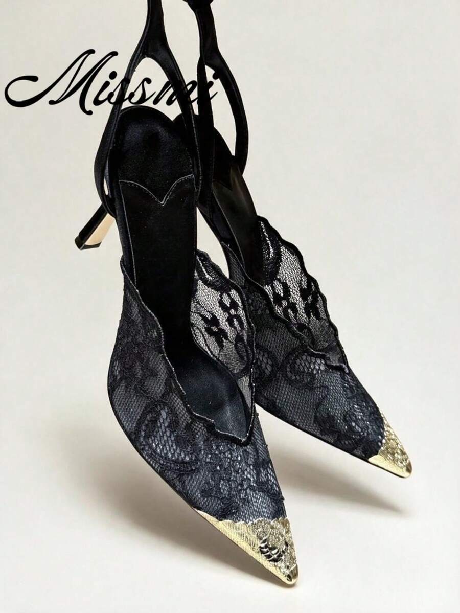 2026 Spring/Summer New Pointed Toe Lace Sandals, Sexy Thin Heels, Strap Buckle Roman Shoes, Versatile Work Shoes