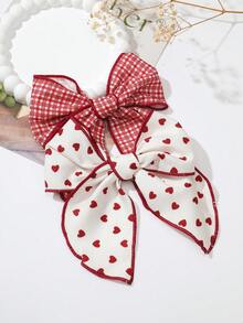 1pc Vintage Burgundy Heart Print Large Bow Hair Clip For Women, Sweet Fabric Alligator Hair Clip For Back Of Head - Multicolor - View 5