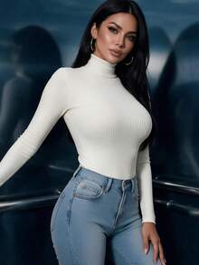 Women's Casual Ribbed Striped Turtleneck Long Sleeve Slim Fit T-Shirt, Suitable For Daily Wear, Autumn/Winter Top Set, Cute, Suitable For Outings, White - White - View 7