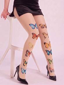 1 Pair Women's Nude Opaque Butterfly Print Tights, Colorful Pattern Autumn Party Fashion Outfit Pantyhose - Apricot - View 5