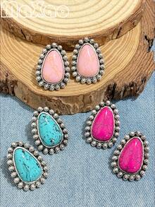 Women's European And American Bohemian Vintage Style Handmade Carved Turquoise Earrings. Simple And Fashionable, Suitable For Daily Wear, Dating, Attending Theme Parties, You Will Get Many Compliments From Friends When Wearing Them - Multicolor - View 2