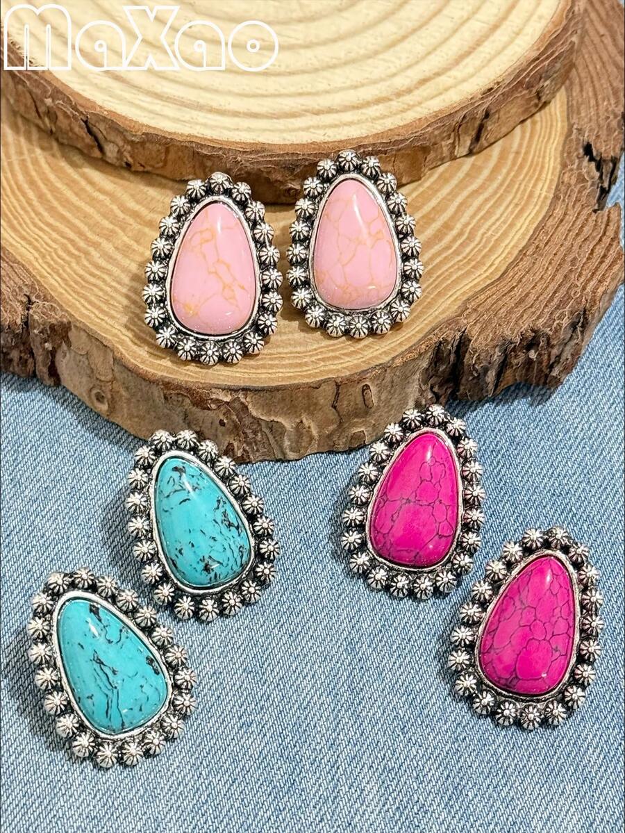 Women's European And American Bohemian Vintage Style Handmade Carved Turquoise Earrings. Simple And Fashionable, Suitable For Daily Wear, Dating, Attending Theme Parties, You Will Get Many Compliments From Friends When Wearing Them