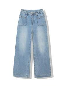 Women's Light Wash High Waist Loose Fit Stretch Denim Jeans, Wide Flared Hem & Fashion Patch Front Pockets Casual Pants - Blue - View 4