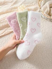 2/4/10 Pairs White And Pink Fuzzy Women's Mid-Calf Socks, Heart Pattern Warm Socks, Soft And Comfortable, Random Color - Multicolor - View 6
