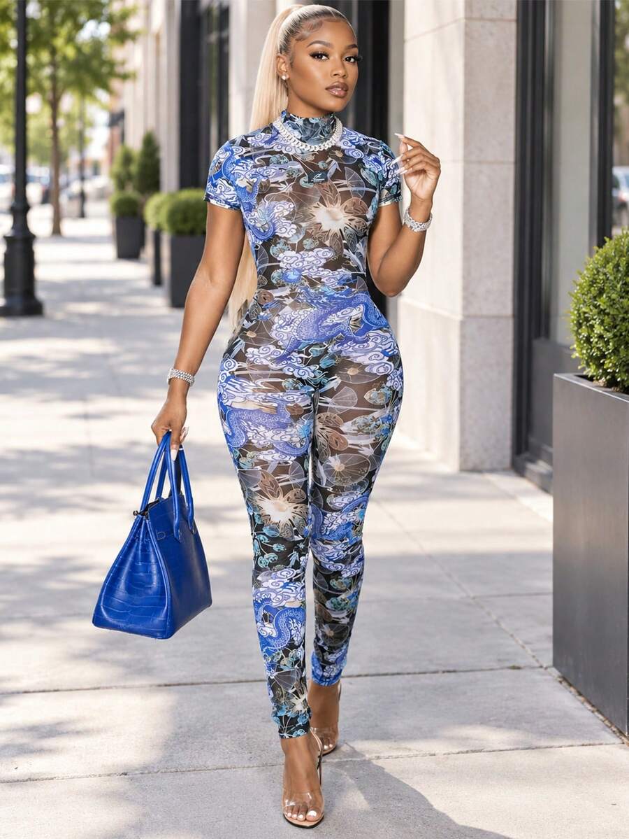 Women's Black Round Neck Jumpsuit, Casual Printed Jumpsuit For Autumn Outdoor Wear - Blue - View 1