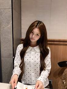 Women's Sweet Chic Fall Polka Dot White Blouse, Peter Pan Collar Button Down Long Sleeve Slim Fit Top For School, Date, Outings - White - View 3