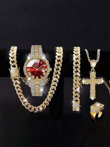5PCS Street Style Hip Hop Necklace Bracelet Watch Ring Set, Calendar Function Design, Suitable For Holiday Outfits, Gift For Children - Red - View 1